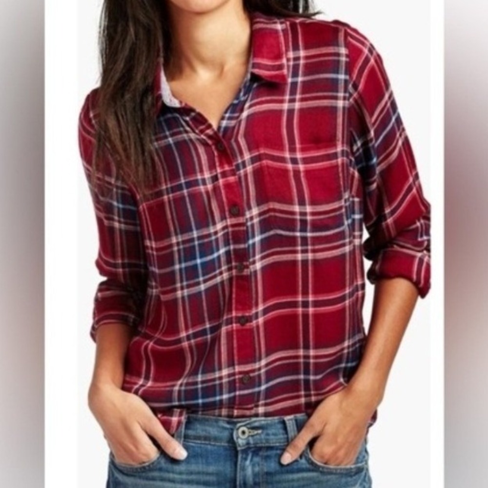 Lucky Brand Womens Red Plaid Flannel Button Back Shirt Long Sleeve Large